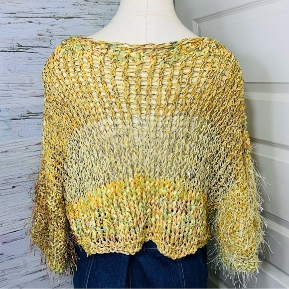 Hand Crafted Boho Yellow Fabric Knit Cropped Sweater Wide Sleeves Fuzzy Top O/S - Picture 9 of 9